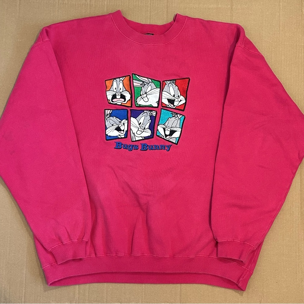 Vintage Bugs Bunny Warner Bros Pink Sweatshirt XL 90s Looney Tunes Crewneck